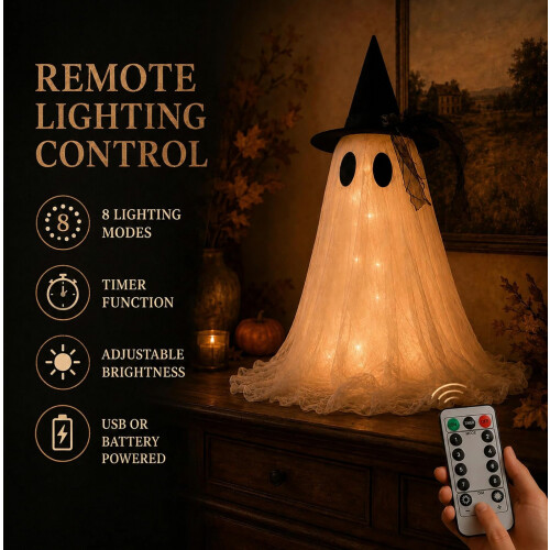 2-Pack Halloween Ghost Decor Set, USB Powered w/Remote Lights_Special Gift 2