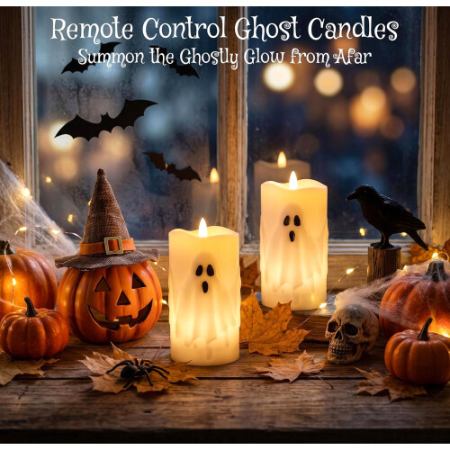 Halloween Ghost Flameless Pillar Candles with Remote Timer, 2PCS_Special Gift 2