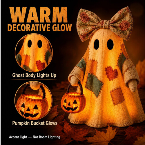 Lighted Halloween Ghost Decor, Patchwork Resin Pumpkin Lamp with Floral Bow_Special Gift 1