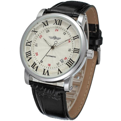 WINNER Full automatic Mechanical PU Leather Band Men Watch(White Dial Black Number Black Strap)