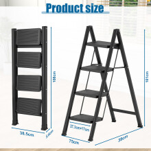 Escabeau pliable à 4 marches, cadre en acier inoxydable noir, plateforme large antidérapante, capacité 150 kg