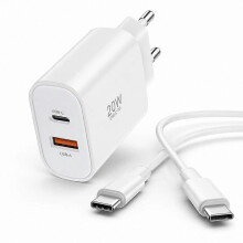 Chargeur rapide double port USB-C avec câble USB-C pour smartphones, charge rapide et design compact noir