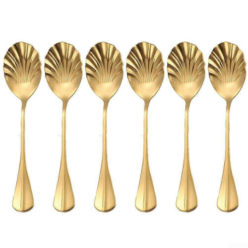6pcs Shell Shaped Stainless Steel Dessert Spoon with Long Handle, Gold Mirror Polished Wedding Tableware