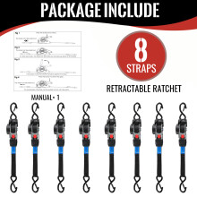 Lot de 8 Sangles à cliquet rétractables automatiques, 25mm x 3m, Résistance 549kg, Noir