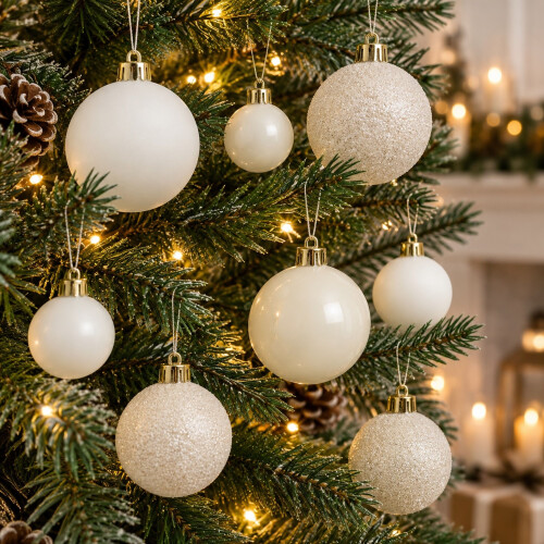 60 Wool White Baubles Shatterproof Christmas Tree