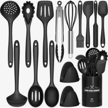 15-teiliges Küchenhelfer-Set aus Silikon, hitzebeständiges Kochbesteck mit Utensilienhalter, antihaftbeschichtet und spülmaschinenfest, Schwarz