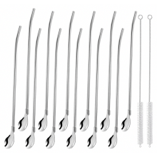 Lot de 12 cuillères paille en acier inoxydable, longues et réutilisables, avec brosses de nettoyage, pour smoothies, milkshakes, cocktails et café,