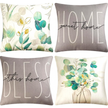 Lot de 4 housses de coussin 40 x 40 cm en lin, motif imprimé, gris et vert, pour chambre, canapé, chaise et lit, décorat