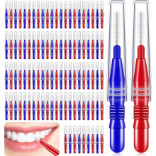 100 Interdental Brushes Toothpick Dental Cleaning Brushes Interdental Toothbrushes Floss Picks Oral Care Tool, Red and Blue