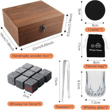 Kristallen whiskyglazenset met 2 tumblers, 8 whiskystenen, fluwelen zakje en tang, cadeauset