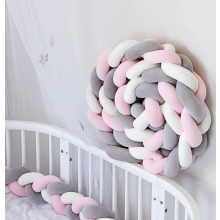 Braided Crib Bumper 200 cm, Long Baby Bed Edge Protector, Head Guard and Draught Stopper, Pink White Grey