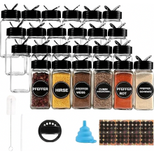 24er Gewürzgläser Set 120 ml, Eckige Glasbehälter mit schwarzen Deckeln, Trichter, Bürste, Etiketten und Kreidestift, 10,5 x 4,3 cm
