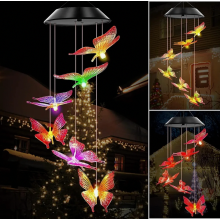 Solar-Windspiel mit Schmetterling für draußen, farbwechselnde LED-Beleuchtung, Hängedeko für Terrasse, Garten und Party, transparent