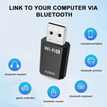 Kaksikaistainen WiFi 6 AX900 USB-sovitin, 2,4 GHz, 5,8 GHz, MU MIMO ja WPA3 tietokoneelle, jopa 900 Mbps