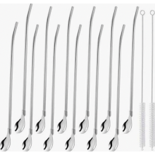 12 Piece Stainless Steel Spoon Straw Set, Long Reusable Straw Spoons with 2 Cleaning Brushes for Smoothies, Milkshakes, Cocktails and Coff