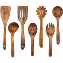 Küchenhelfer Set 7-teilig aus Holz mit Holzgriff, antihaftbeschichtet, hitzebeständig, Küchenutensilien in Holzoptik für den täglichen Gebrauch