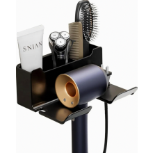 Soporte para secador de pelo sin taladrar, soporte de pared negro para secador de pelo con organizador de cables y compartimento de almacenamiento, so