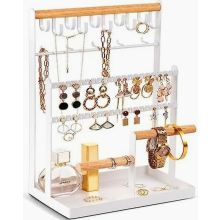 Présentoir à bijoux mural blanc avec 15 crochets et 40 trous, rangement pour boucles d'oreilles, colliers, bracelets et bagues