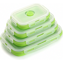 Set van 4 opvouwbare siliconen opbergbakjes met deksel, BPA-vrij, luchtdicht - Groen