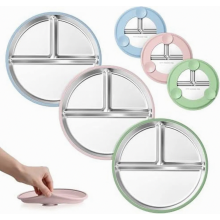 Babybordje met zuignap, 3-delige roestvrijstalen kinderbordjes voor peuters, verdeeld babybordje met antislip siliconen hoes voor baby's die beginnen
