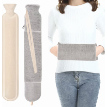 Long Plush Hot Water Bottle with Cover, 2L Extra Large Rubber Warmer with Hand Pockets, Wearable Wrap Design, Grey, for Women and Men