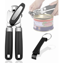 Dosenöffner manuell aus Edelstahl mit rutschfestem Griff, ergonomischem Drehknopf und glatten Kanten, geeignet für Senioren mit Arthritis