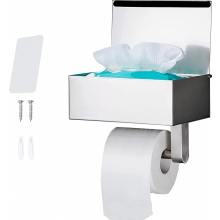Toilet Paper Holder No Drilling, SUS304 Stainless Steel Silver Roll Holder with Shelf and Wipes Box for Kitchen and Bathroom
