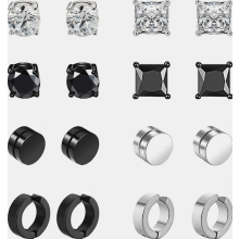 8 Paar Edelstahl Magnetohrringe für Herren Damen Mädchen, Creolen mit Zirkonia, nicht durchdringende Ohrclips, Set in Schwarz, elegant und bequem