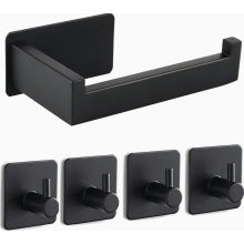 Toilet Paper Holder Self Adhesive, No Drill Stainless Steel Roll Holder with 4 Towel Hooks for Kitchen and Bathroom, Black