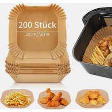 Backpapier für Heißluftfritteuse, rund, 200 Stück, 20 cm, quadratisch, für Backofen, Mikrowelle und Dampfgarer