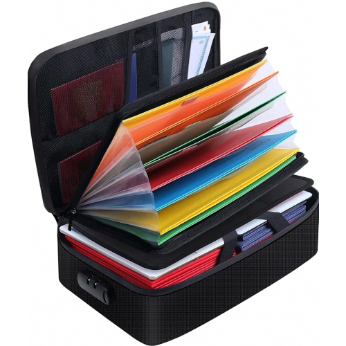 Fireproof Document Bag with Lock, 7 Pockets, Water Resistant File Organizer, Portable Briefcase, Black