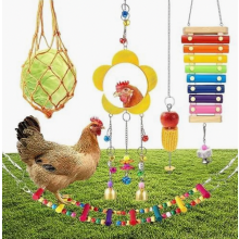 SUQ 5 stuks kippenspeelgoed voor kippenhokken, regenboogschommel, kippenspeelgoed, kippenspiegel met belletjes, kippenspies voor groenten en fruit, ha