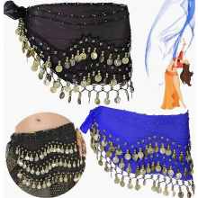 2 Piece Chiffon Belly Dance Hip Scarf Belt with Coins and Sequins, Oriental Dance Costume Wrap Skirt for Women, Approx. 150 cm, Black Blue