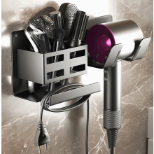 Soporte de pared para secador de pelo sin necesidad de taladrar, soporte de aluminio para secador de pelo con 2 compartimentos de almacenamiento y org