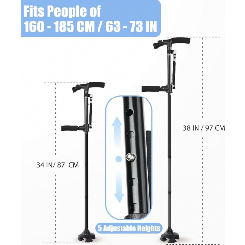 Foldable Walking Cane with LED Light, Adjustable Height Cane for Men and Women, Side Handle Support for Seniors 1