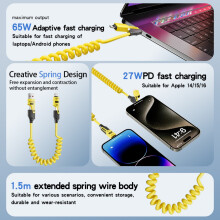 Wielofunkcyjny kabel ładujący 4 w 1, USB-C 65 W i szybkie ładowanie 27 W, 1,5 m bardzo długi, kompatybilny z iPhone 16, 15,