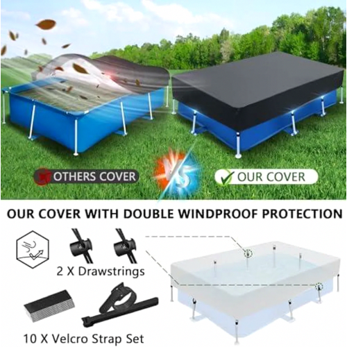 Rectangular Pool Cover for 220 x 150 cm Pools, Durable Pool Tarp for Summer and Winter Use, Fits Rectangular Frame Pools 2