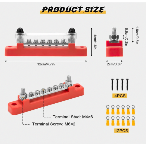 2 τεμ. Μπάρα 12V-48V DC (150A), μπλοκ διανομής με 4 βίδες ακροδεκτών M6, μ 1