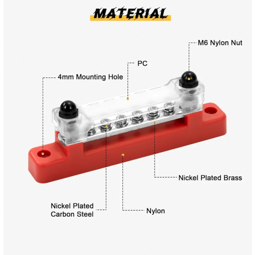 2 τεμ. Μπάρα 12V-48V DC (150A), μπλοκ διανομής με 4 βίδες ακροδεκτών M6, μ 2