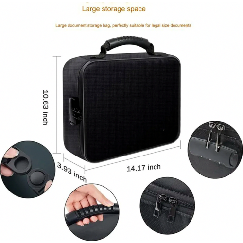 Fireproof Document Bag with Lock, 7 Pockets, Water Resistant File Organizer, Portable Briefcase, Black 2