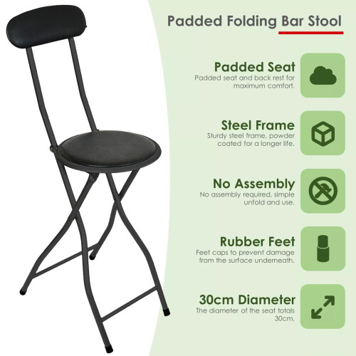 FOLDING BAR STOOL HIGH BACK BLACK PADDED BREAKFAST BAR STOOL ROUND FOLDABLE NEW 1