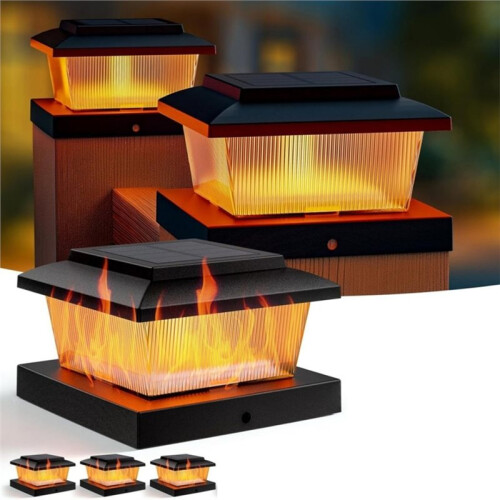 Solar Fence Post Cap Lights - High Brightness Flickering Flame LED Lighting for Posts Black 1