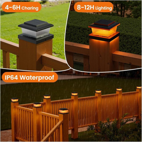 Solar Fence Post Cap Lights - High Brightness Flickering Flame LED Lighting for Posts Black 2