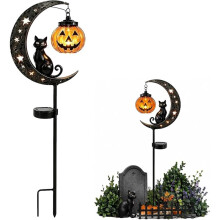 Solar Halloween Black Cat & Pumpkin Moon Garden Stake Light, Metal Waterproof Auto Off LED for Garden Patio Lawn Yard