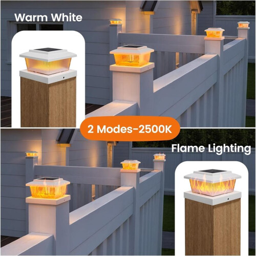 Solar Fence Post Cap Lights - High Brightness Flickering Flame LED Lighting for Posts White 2