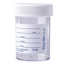10 x Sterilin Urine Sample Bottles Specimen Pot Graduated Container with Lid & Printed Label 60ml for Urine Medical Collection Suitable For NHS Spill