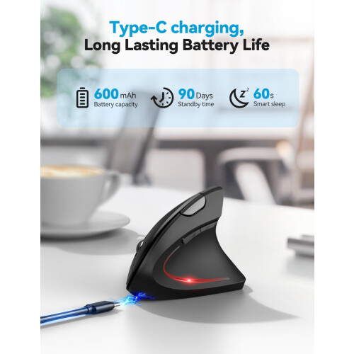 TeckNet Ergonomic Mouse, Bluetooth Rechargeable Vertical Mouse (BT5.0/3.0+USB-A), Wireless Right handed Mouse 6-Button, Optical Mouse 4800 DPI 6 Adjustable 1