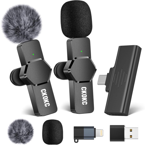 Wireless Lavalier Microphone for iPhone - Android Computer, Mini Microphone with Windscreens & Pop Filters for Live Streaming, Video Recording,