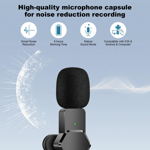 Wireless Lavalier Microphone for iPhone - Android Computer, Mini Microphone with Windscreens & Pop Filters for Live Streaming, Video Recording, 1