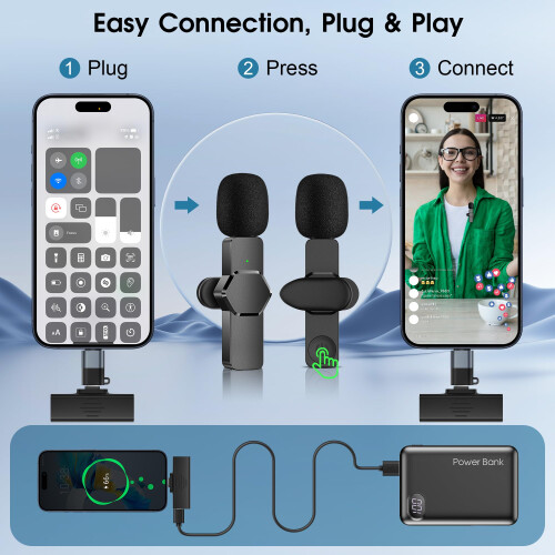 Wireless Lavalier Microphone for iPhone - Android Computer, Mini Microphone with Windscreens & Pop Filters for Live Streaming, Video Recording, 2